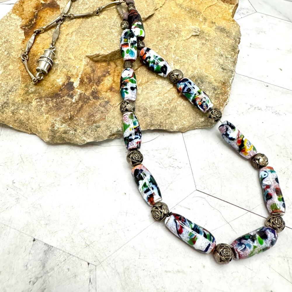 Vintage Art Glass Bead Necklace 17" Silver Tone Colorful Beaded Barrel Clasp